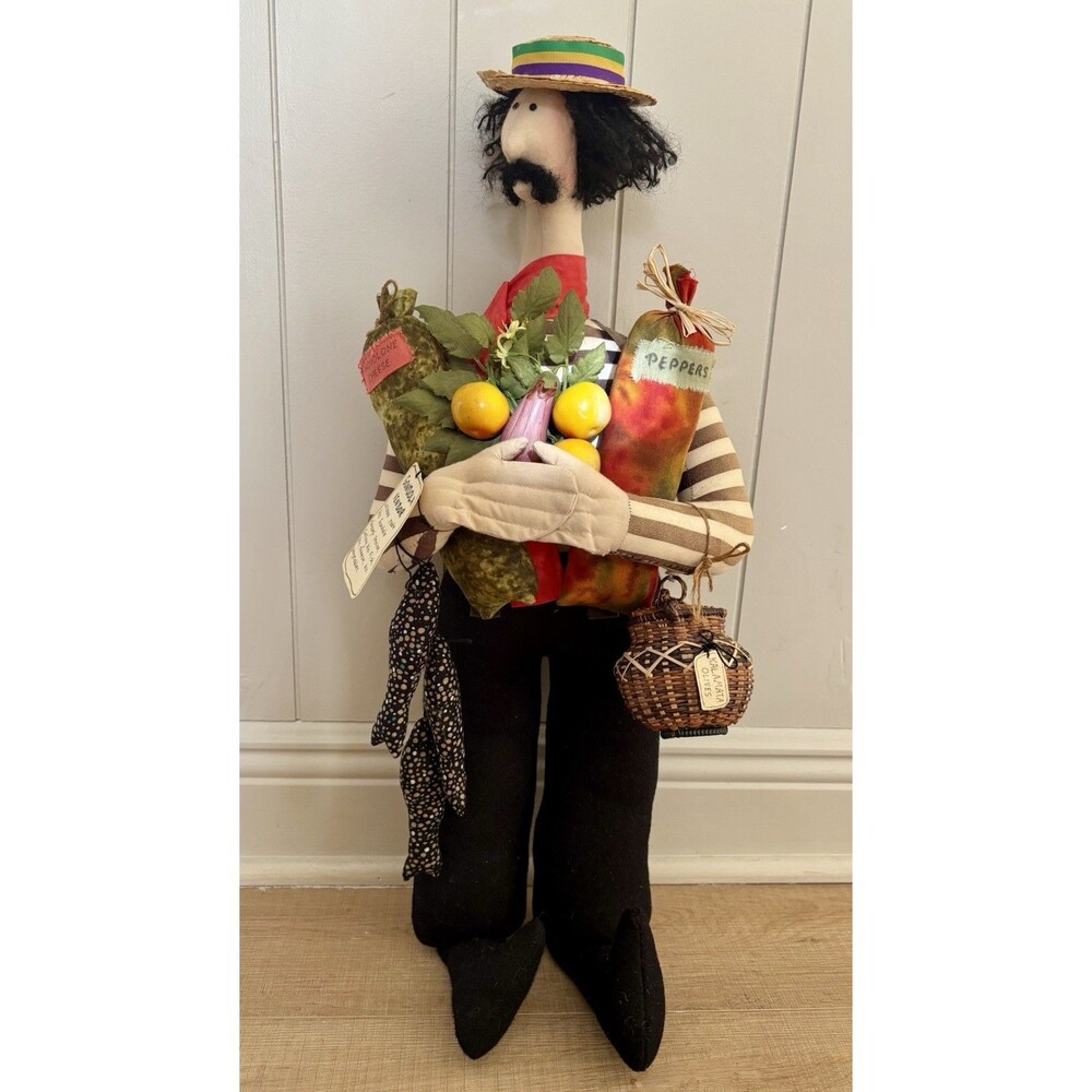 Vtg Folk Art Cloth Doll Italian Gondola Vendor Cheese Signed Marlene Denn 1999